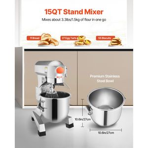 Impastatrice Professionale 15Qt 600W con 3 Velocità Regolabili 110/178/390 RPM, Ciotola in Acciaio Inox, Ganci per Impasto e Frusta, 110V - Product Image 4