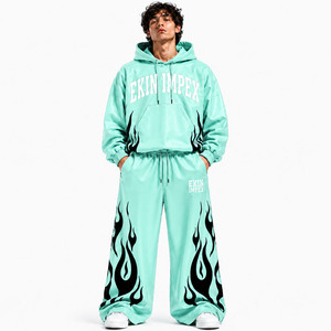 Conjunto Deportivo Personalizado con Logotipo, Verde Menta, Cuero PU Transpirable e Impermeable, Sudadera Holgada para Hombre, Pantalones Anchos, Ropa Urbana de Dos Piezas - Product Image 1