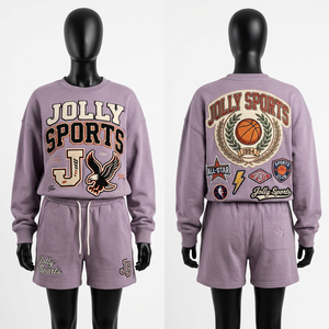 Conjunto de Sudadera y Pantalones Cortos para Mujer, Felpa de Algodón de 320 GSM, con Logotipo Bordado en Morado - Product Image 4