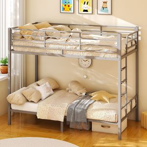 Letto singolo in metallo grigio, stabile e resistente, con sponda alta, tubo quadrato, scaletta laterale, letto a castello in ferro con apertura. - Product Image 3