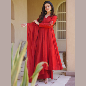 Traje Anarkali de seda romana de diseño elegante con pantalón palazzo y dupatta de seda Chanderi bordada, ropa de fiesta para mujer, Aarika Textile - Product Image 3