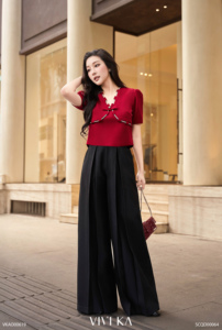 Plain Dyed Women's V-Neck Bow Detail Crop Blouse THETIS Vietnam VIVI KA Casual Spandex / Polyester <b>Balloon</b> Sleeve - Product Image 2