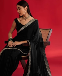 KV Women <b>Satin</b> Black Embellished Saree with Unstitched <b>Blouse</b> - Product Image 1