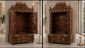 Peacock Design Door Carving Wooden Pooja <b>Mandir</b> Buy Traditional Style Solid Wood Temples For Pooja Room With Storage Cabinets - Product Image 3
