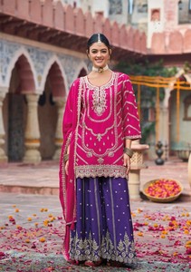 Salwar Kameez Rosa Chinon Bordado con Sharara Lehenga Morado, Traje Tradicional de Boda para Mujer, Largo hasta el Suelo, India Pakistán - Product Image 3