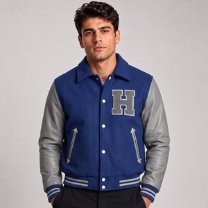 Chaqueta Varsity Azul para Hombre con Mangas de Cuero Gris, Letra H Bordada, Estilo Preppy, Corte Regular, para Otoño - Product Image 1