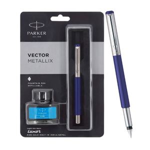 Parker Vector Mettalix Fountain <b>Pen</b> with Quink Ink Bottle Ink Color Blue Blue Body with Chrome Trim <b>Refillable</b> Fine Nib <b>Pen</b> - Product Image 1