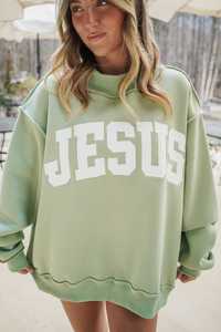 Sudadera Oversize de Cuello Redondo para Mujer, Verde, con Estampado de Letras de Jesús, Hombros Caídos, 100% Algodón Tejido, Estilo Otoñal - Product Image 5
