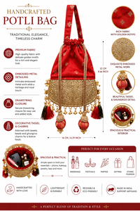 Sac Potli de Luxe Rouge Conifer avec Broderie Métallique en Relief, Sac à Main à Cordon et Pompon, Capacité jusqu'à 1L, Idéal pour Mariage, Fête, Cadeau Festif - Product Image 6