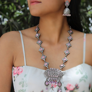 Conjunto de Collar de Latón Antiguo con Acabado Plateado Oxidado y Cristales, Joyería Étnica India para Mujer, para Bodas, Fiestas y Eventos Festivos - Product Image 4