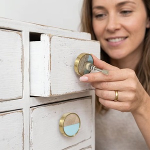 Modern Round Brass Bone Horn Cabinet Knob <b>with</b> Wood and Blue Resin Inlay for <b>Drawer</b> Wardrobe Cabinet Storage - Product Image 3