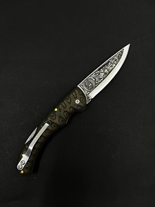 Cuchillo Plegable de Acero de Damasco SHARP POINT TRADES, Hoja Recta, Mango de Madera, Apertura con Perilla, Diseño Artístico, Hoja de 0.5mm - Product Image 6