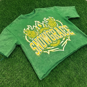 T-shirt court vert Snowgrace à manches courtes, col rond, jersey décontracté imprimé, surdimensionné pour homme, 100% coton - Product Image 2