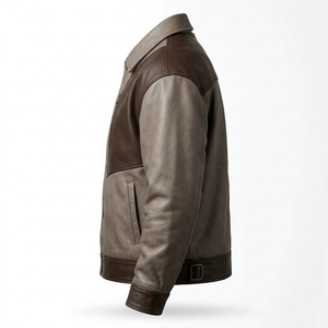 Two Tone Real Leather <b>Trucker</b> <b>Jacket</b> Vintage Contrast Panel Quilted Lined Winter Casual Outerwear Coat - Product Image 4