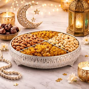 Nouveau style de plateau de service blanc avec amandes, noix de cajou et raisins secs, plateau artisanal en métal pour le Ramadan, plateau de dattes et de noix pour la table - Product Image 6