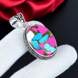 Pendentif mosaïque rose vif, bleu turquoise, argent sterling 925, fait main, ovale, bijoux bohèmes en pierres précieuses - Product Image 2