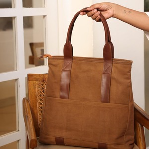 Bolso Tote de Lona y Cuero, Estilo Casual, Bolso de Hombro, para Viajes, Trabajo, Compras, Gran Capacidad, Bordado Abierto, LCTB-0038 - Product Image 5