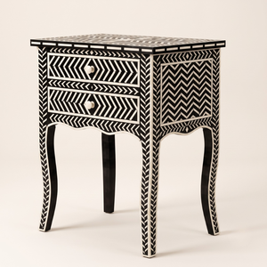 Bone Inlay <b>Black</b> Nightstand 2 <b>Drawer</b> <b>Bedside</b> Table Chevron Stripes Pattern Bedroom Storage Furniture - Product Image 1