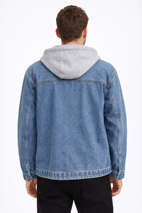 Modern Edge <b>Mens</b> Layered <b>Denim</b> <b>Jacket</b> <b>with</b> Attached Hoodie Casual Zip Up Street Style Outerwear grey hoodie this <b>jacket</b> delivers - Product Image 3