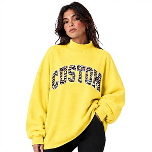 Womens Oversized <b>Mock</b> <b>Neck</b> Sweatshirt Fleece Applique Pullover Custom Herringbone Patch Detail Premium Casual Fashion <b>Top</b> - Product Image 1