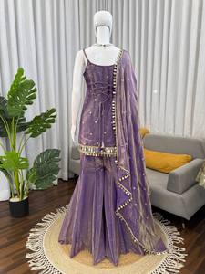 Conjunto de Salwar Kameez Tradicional de Seda Morada para Mujer, Diseño Indio-Pakistaní, Sin Arrugas, Elástico, para Fiestas y Bodas, Talla XL - Product Image 5