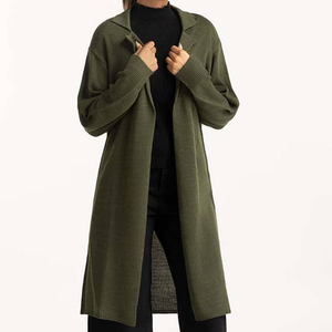 Cárdigan Largo de Punto Verde Oliva para Mujer, de Alta Calidad, Manga Larga, Cuello con Muescas, Color Sólido, Estilo Minimalista, para Otoño - Product Image 1