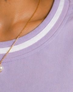 Customized Lavender Floral Embroidered Oversized T Shirt Women Contrast Stripe Crew Neck Casual Loose Fit Cotton Summer <b>Top</b> - Product Image 4