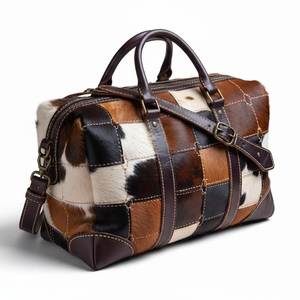 Oval Duffle Bag Cowhide Leather Brown White Unisex Travel Shoulder Strap Buckle Closure Utility Pocket 20-36L Capacity - Product Image 3