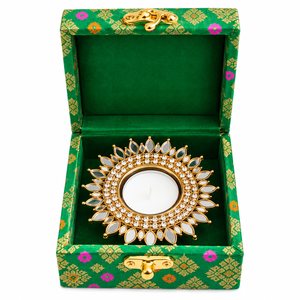 <b>Gold</b> Tealight <b>Holder</b> with Crystal Mirror Design in Green Decorative Box for Home Décor and Festive Use - Product Image 1