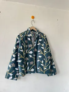 bohemian Teal Blue <b>Velvet</b> Floral Embroidered Suzani <b>Jacket</b> Full Sleeve Stand Collar Bohemian <b>Women's</b> Autumn Outerwear - Product Image 2