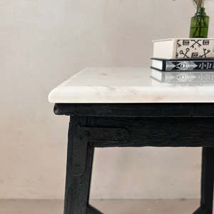 Vintage Polished <b>Marble</b> Top Square <b>Side</b> <b>Table</b> <b>Black</b> Wooden Frame Rustic Accent <b>Table</b> Traditional Living Room Bedroom Furniture - Product Image 2