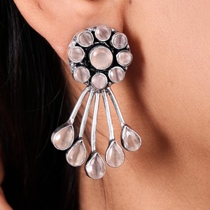 Trendy Brass Oxidized Silver Zircon Flower Design Multi Gemstone Dangle Drop <b>Earrings</b> Wholesale Bulk Handmade Designer for Women - Product Image 4