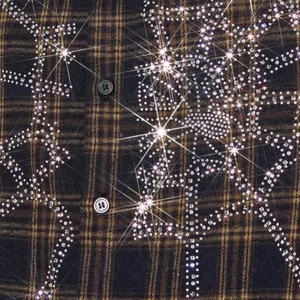 Chemise en flanelle à carreaux avec strass, coupe ample, douce et respirante, style vintage printemps/été, 100% coton - Product Image 5