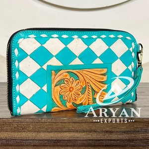 New Hand Luxury Hot <b>Small</b> Tooled Genuine Leather Checks Pattern Clutches <b>Purse</b> Zipper With Flower Design For Women's Use - Product Image 1