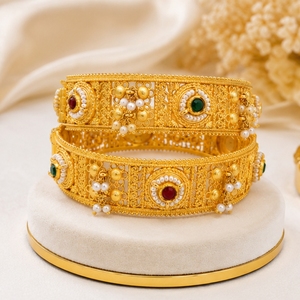 925 Silver Antique Bangles Traditional Stone Pearl Designer <b>Kada</b> Set for Women Wedding Jewelry - Product Image 2