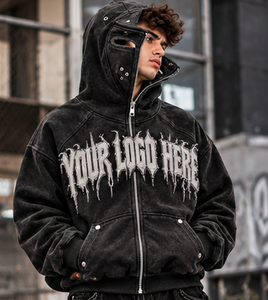 Sudadera con capucha y cremallera para hombre, personalizada, con lavado ácido, estilo oversize, streetwear, con letras góticas desgastadas, ojales metálicos, corte relajado, venta al por mayor - Product Image 5