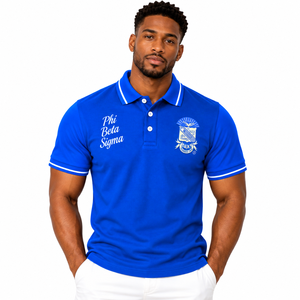 เสื้อโปโลชายสีน้ำเงินรอยัล แบรนด์ Phi Beta Sigma ปักลายตราสัญลักษณ์ แขนสั้น คอปกสีขาวลายทาง เสื้อโปโลลำลองสำหรับกิจกรรมสันทนาการ - Product Image 1