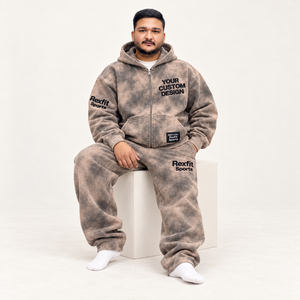 Ensemble de survêtement zippé délavé pour homme en molleton teint, comprenant un sweat à capuche et un pantalon de survêtement ample, avec impression DTF personnalisée, style streetwear décontracté, ensemble deux pièces - Product Image 1