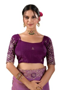 Sari en soie de mousseline violette avec motif floral brodé, sari indien traditionnel pour mariage, pour femmes, longueur standard, toutes saisons - Product Image 4