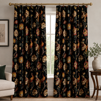 Rideau en velours style vintage, imprimé floral noir, taille personnalisée, sur mesure, en velours 100% coton, rideaux de haute qualité en coton.