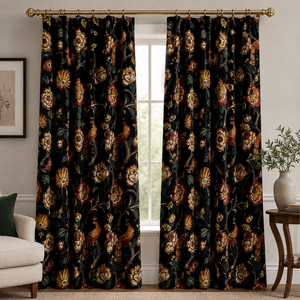 Vintage Style Velvet <b>Curtain</b> Black Floral Print Custom Size Customized In Any 100% cotton velvet drapes High quality cotton - Product Image 1