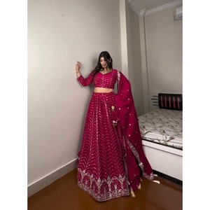FANCY GEORGETTE BRODERIE SEQUENCE TRAVAIL LEHENGA CHOLI AVEC DUPATTA RANI - Product Image 1