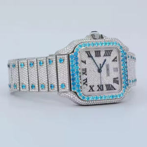Iced Out Blue Diamond Bezel <b>Watch</b> Silver Square Automatic Roman Numerals Bust Down Luxury Hip Hop Men Bling Moissanite <b>Watch</b> - Product Image 1