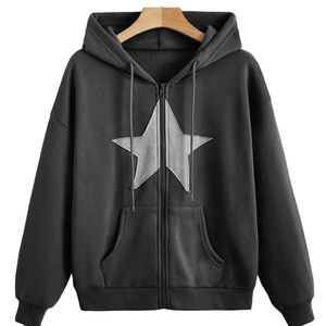 เสื้อฮู้ดดี้โอเวอร์ไซส์แบบยูนิเซ็กซ์ แต่งดาวปัก ซิปหน้า มีกระเป๋าเสื้อ สไตล์ลำลอง สีดำ ผ้าฝ้ายเฟรนช์เทอร์รี่ เหมาะสำหรับใส่ในฤดูใบไม้ร่วง - Product Image 1