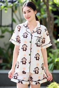 Womens monkey print pajama top short sleeve button up in soft studio <b>lighting</b> for sleepwear - Product Image 1