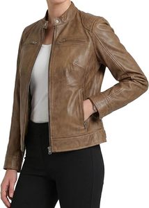 Women's Genuine Leather Motorcycle Jacket Brown Stand Collar <b>Zipper</b> Closure Full Sleeve Biker Style Autumn Wear - Product Image 4