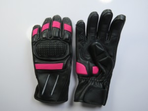 Gants unisexes en cuir à doigts entiers noirs avec accents roses, protection pour le cyclisme et la conduite, fermeture auto-agrippante, utilisation estivale - Product Image 3