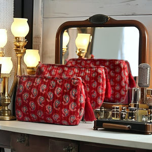 Juego de 3 Bolsas Organizadoras de Maquillaje de Algodón con Estampado Paisley Rojo Estilo Bohemio, Multifuncionales y Pequeñas - Product Image 4