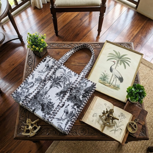 Bolso Tote Casual con Estampado Floral, Bolso de Hombro de Fibra de Algodón Blanco y Negro con Ribete en Contraste, Bolso de Compras de Alta Calidad - Product Image 4