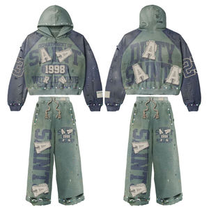 Custom 400gsm Winter Woven Vintage <b>Oversize</b> Distressed Rhinestone Acid Wash 100% Cotton Quick Dry Tracksuit Flared <b>Jogger</b> - Product Image 1